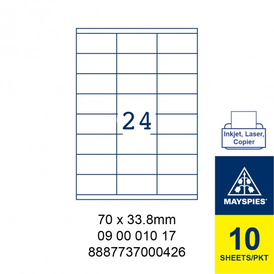 MAYSPIES 09 00 010 17 LABEL FOR INKJET / LASER / COPIER 10 SHEETS/PKT WHITE 70 X 33.8MM